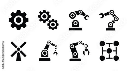 A set of eight black and white industrial safety equipment icons featuring robotic arms and gears on a plain background