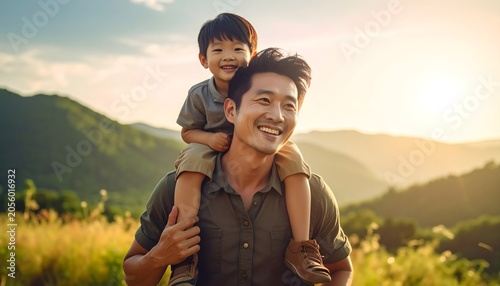Padre llevando a su hijo sobre los hombros en un paisaje natural al atardecer con luz cálida y ambiente familiar