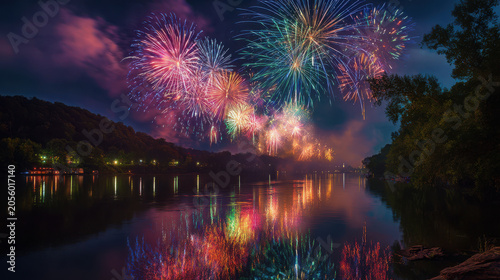 Vibrant fireworks display over serene lake at nighttime with colorful reflections