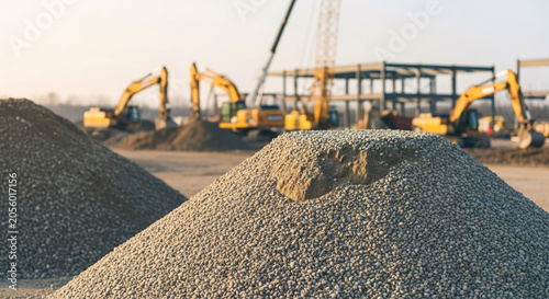 Construction site with large gravel piles and heavy excavators building industrial structure