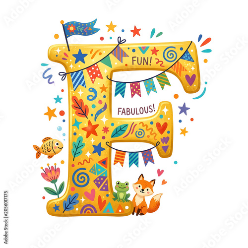 Golden Yellow Letter F with Fun Flags PNG