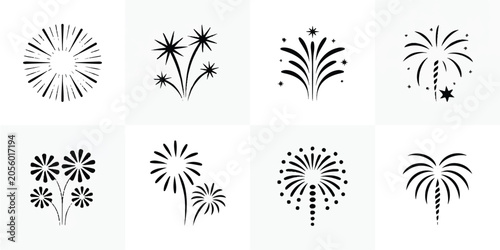 A set of five black and white line art fireworks exploding in the night sky with various patterns