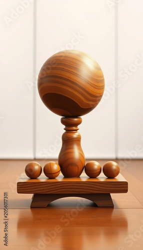 Wooden scale balancing big ball and four small ones on wooden floor, ||wooden scale, balance