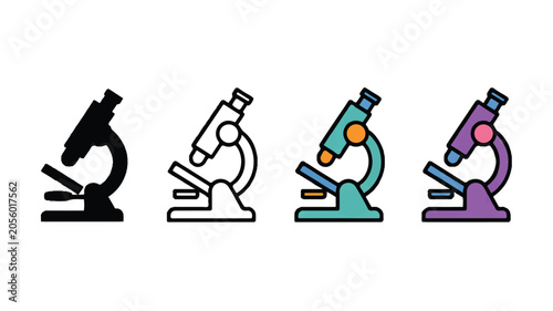 Four microscopes are shown in a row with different colors and styles