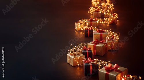 Elegant Christmas gift boxes with golden ribbons and fairy lights on dark surface