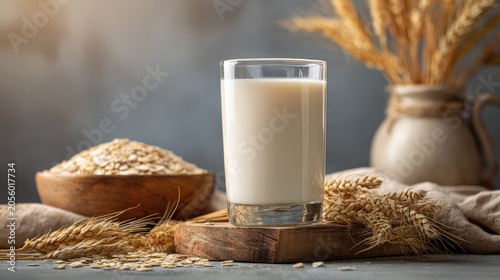 A high-angle, rustic flat lay showing a glass of creamy non-dairy oat milk filled with foam bubbles. The glass is placed on a wooden tray surrounded by scattered rolled oats, linen fabric, and golden 