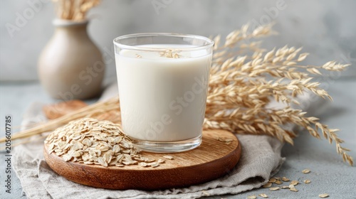 A high-angle, rustic flat lay showing a glass of creamy non-dairy oat milk filled with foam bubbles. The glass is placed on a wooden tray surrounded by scattered rolled oats, linen fabric, and golden 