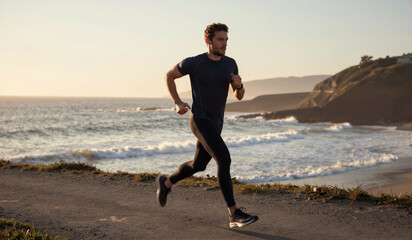 Fotobehang Cappuccinokleur Sunrise runner strides along oceanfront path. He moves with determination, focused on his pace. Sea waves crash gently behind him. Distant hills frame the coastal landscape  © Babb