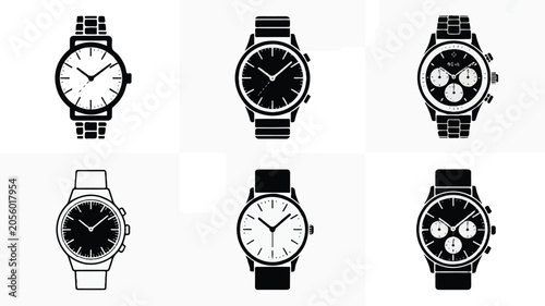 A simple black and white battery charge concept with various watches on a plain background