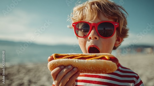Funny close-up portrait of a little blonde boy wearing red sunglasses and a striped t-shirt, opening his mouth to take a bite of a delicious hot dog with mustard. Sunny summer beach background, retro 