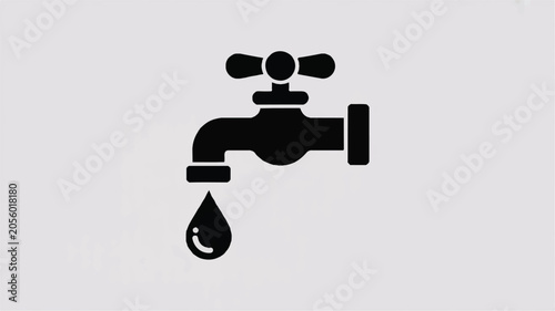 A simple black and white illustration of a faucet with a single drop of water