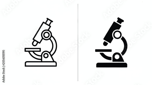 Simple black and white icons of two microscopes side by side for science and laboratory use