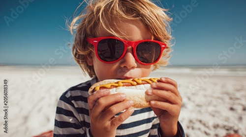 Funny close-up portrait of a little blonde boy wearing red sunglasses and a striped t-shirt, opening his mouth to take a bite of a delicious hot dog with mustard. Sunny summer beach background, retro 