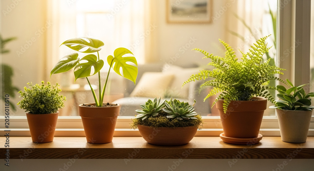 Fototapeta premium Houseplants decorating rustic wooden windowsill bathed in bright natural sunlight