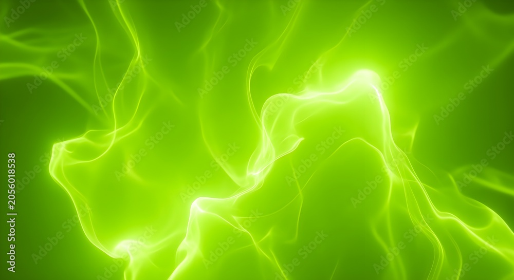 Obraz premium Vibrant neon green abstract smoke swirling elegantly across the dark frame creating a dynamic flow of glowing lines and soft ethereal light patterns for modern backgrounds