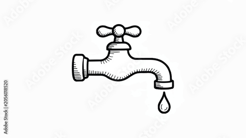 A technical blueprint-style illustration of a dripping faucet with one drop falling.