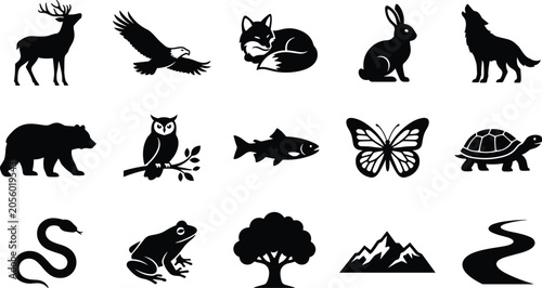 Wild Animals and Nature Silhouette Icon Set with Bear, Fox, Eagle, Mountain, and Forest Wildlife Symbols for Outdoor Branding and Camping Graphic Designs