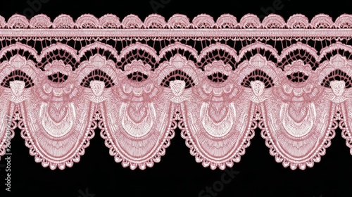 Elegant scalloped edge pink lace border design with delicate textile frill stripe, decorative zigzag cutout frame element isolated on white background for wedding invitations, greeting cards, luxury s