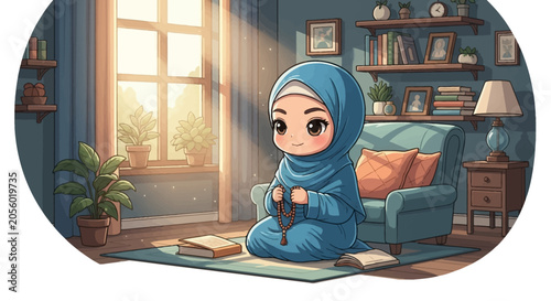 Chibi Muslim girl in blue hijab sitting on a prayer rug holding prayer beads in a sunlit living room with bookshelves, houseplants, books on floor, and cozy armchair.