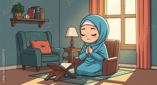 Chibi illustration of a Muslim woman in blue hijab praying on a rug indoors. Open Quran on wooden rehal stand, window light, armchair, lamp, and shelf in cozy room setting.
