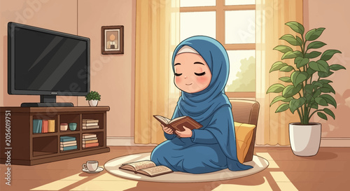 Chibi Muslim woman wearing blue hijab sitting on rug reading book in modern living room with TV, indoor plants, bookshelf, and natural light coming through window.