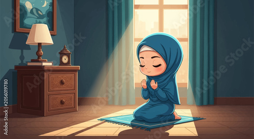 Chibi-style Muslim girl in blue hijab praying on a prayer mat in a room with sunlight streaming from a window, including a lamp, nightstand, and clock in the background.