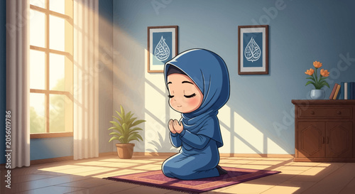 Chibi illustration of a Muslim woman in blue hijab praying on a rug indoors. Features bright sunlight from a window, Islamic wall art, indoor plants, and wooden floor in vector style.