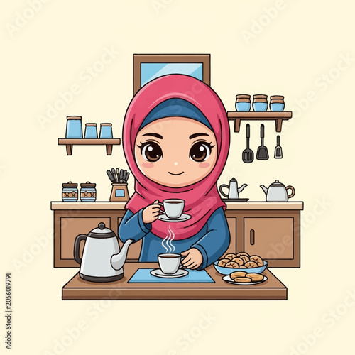 Cute chibi Muslim woman in pink hijab sitting at kitchen table with steaming cups of coffee, teapot, and plates of cookies against a background of shelves and kitchen utensils illustration.