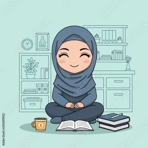 Vector chibi illustration of a smiling Muslim woman wearing a blue hijab sitting cross-legged on the floor studying with an open book, stack of notebooks, and coffee mug in a room.