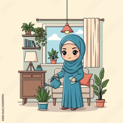 Chibi vector illustration of a cute Muslim woman wearing a blue hijab and abaya, watering an indoor potted plant with a blue watering can in a living room with shelves and a window.