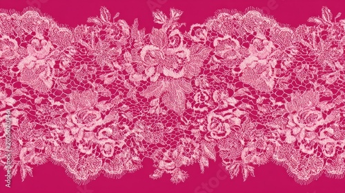 Seamless pink lace fabric texture with delicate floral pattern, soft romantic textile background, elegant decorative lace surface design, smooth repeating ornamental fabric pattern in gentle pastel pi