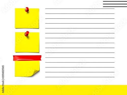 Yellow sticky notes pinned with red push pins sit beside lined paper, providing a clean template for office reminders, to-do lists, notes and planning. Bright, minimal stationery with ample copy space