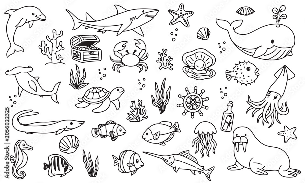 Obraz premium Sea life and ocean animals doodle vector icon set. Hand drawn marine underwater creatures, fish, whale, shark, and coral reef outline elements