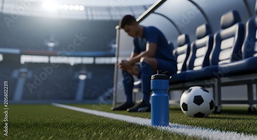 Blue water bottle on sideline with tired soccer player on bench