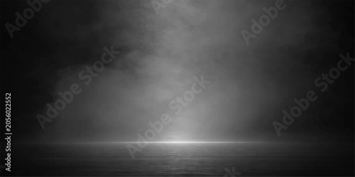 Fotografie A beam of light pierces through dense smoke, illuminating a dramatic, atmospheric scene with a subtle reflective floor, hinting at mystery and intrigue