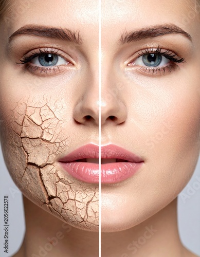 Half of a woman's face shows dry, cracked skin, while the other half is smooth and hydrated, illustrating skin care contrast.