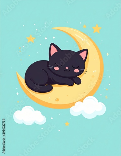A cute black cat peacefully sleeps curled up on a crescent moon surrounded by stars and fluffy clouds on a light blue background.