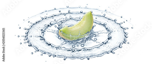Macro high speed photography of pale green melon slice water splash isolated on white