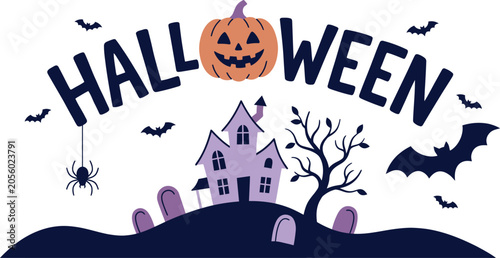 Konstfotografi Halloweenthemed illustration with jackolantern, haunted house, and spooky elemen