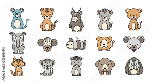 Photography Cute cartoon animal faces icons set.