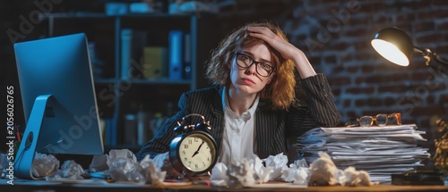 Stressed worker dealing with deadlines at desk.