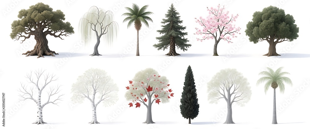 Fototapeta premium Collection of realistic tree illustrations isolated on white background.