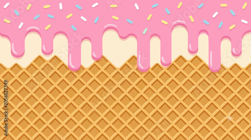 Ice Cream Drip And Waffle Cone, Vector Illustration