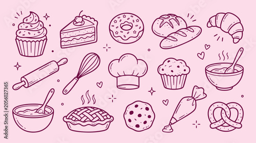 Obraz na plátne Pastries And Baking Tools, Hand-drawn Vector Illustration
