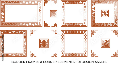 Traditional brown geometric border frames and corner elements flat design for UI web and print