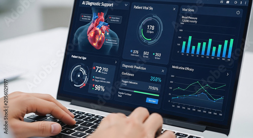 Person Using Laptop with Ai Diagnostic Support System Displaying Medical Data and 3d Heart Model
