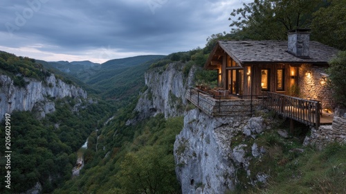 Serene Mountain Cabin Overlooking Green Valley with Dramatic Cloudy Sky at Dusk in Nature's Tranquil Environment