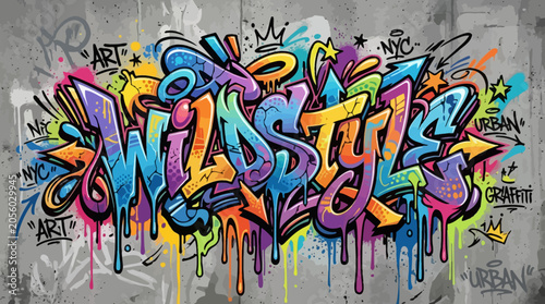 Colorful urban graffiti mural on a concrete city wall with spray paint tags, street art textures, and vibrant youth culture design