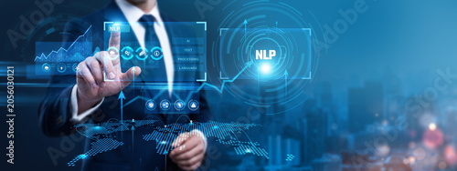 Foto AI Linguist Using Digital Screen with NLP and networking computational text syntax data