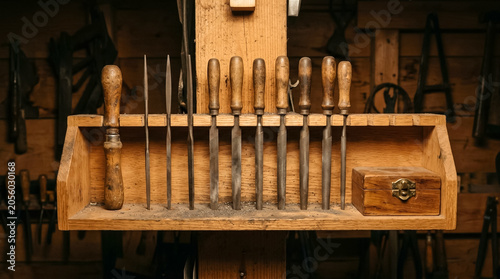 Organized wall rack holding ten various jeweler's files with worn wooden handles, creating an atmospheric, heritage-focused display of professional craftsmanship.